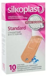 Лейкопластырь бактерицидный Silkoplast стандарт на полимерной основе влагостойкий с серебряной подушечкой 10 шт.
